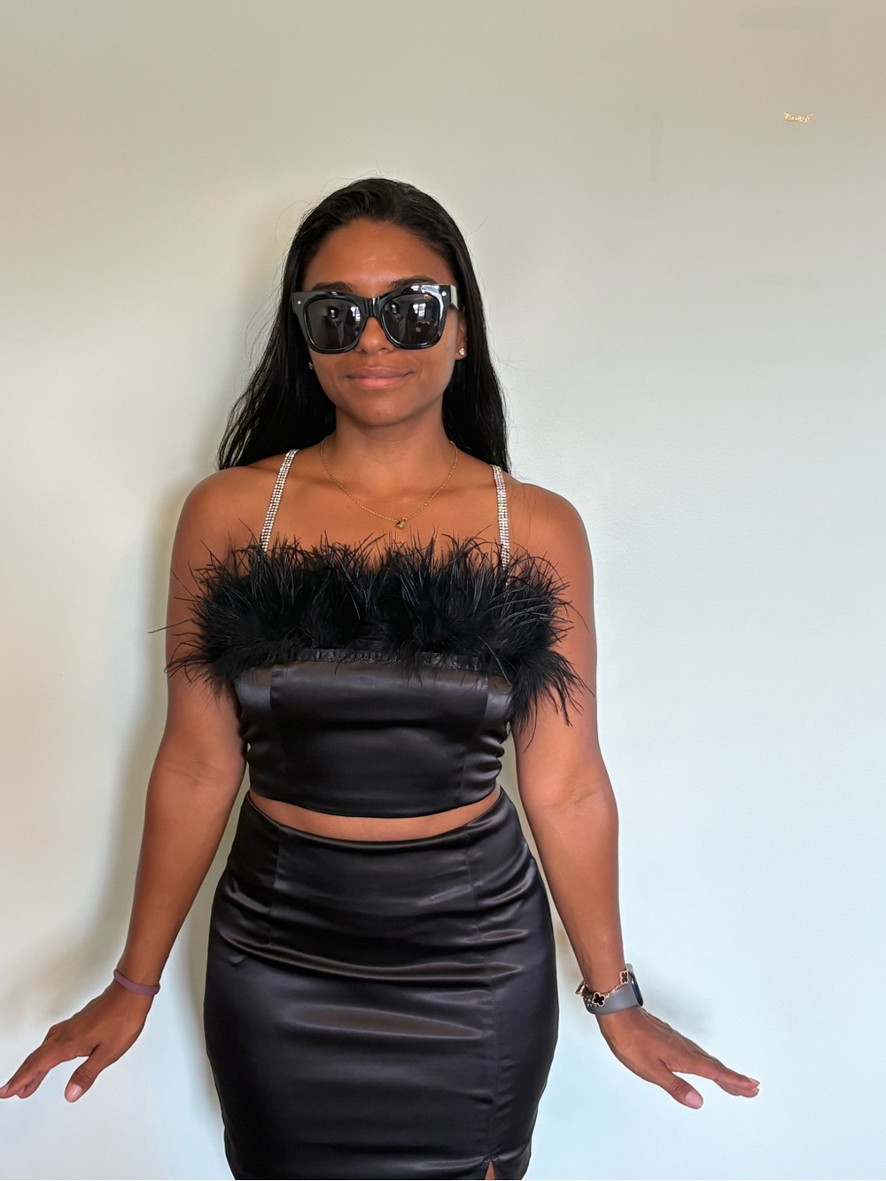Black Satin Feather Trim Crop Top and Skirt Set